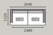 Mål på Cloud Roomy sofa, 2840 mm bred, 1120 mm dyb, 2480 mm længde, produceret i Europa.